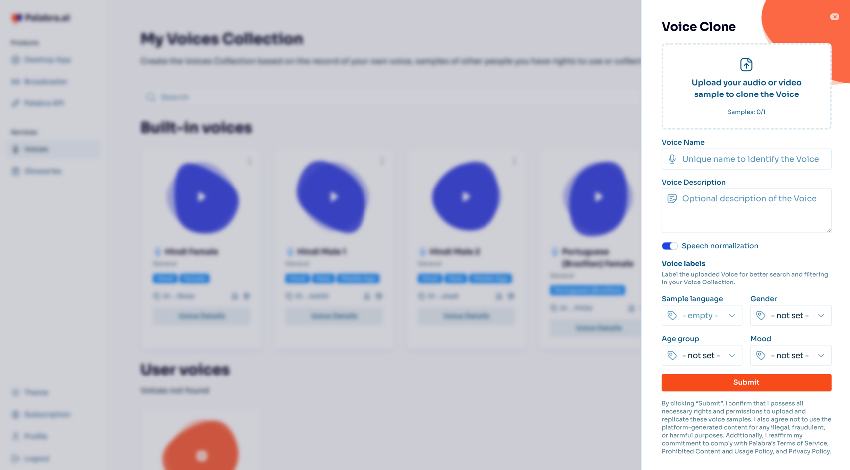 Voice cloning interface Voice cloning interface