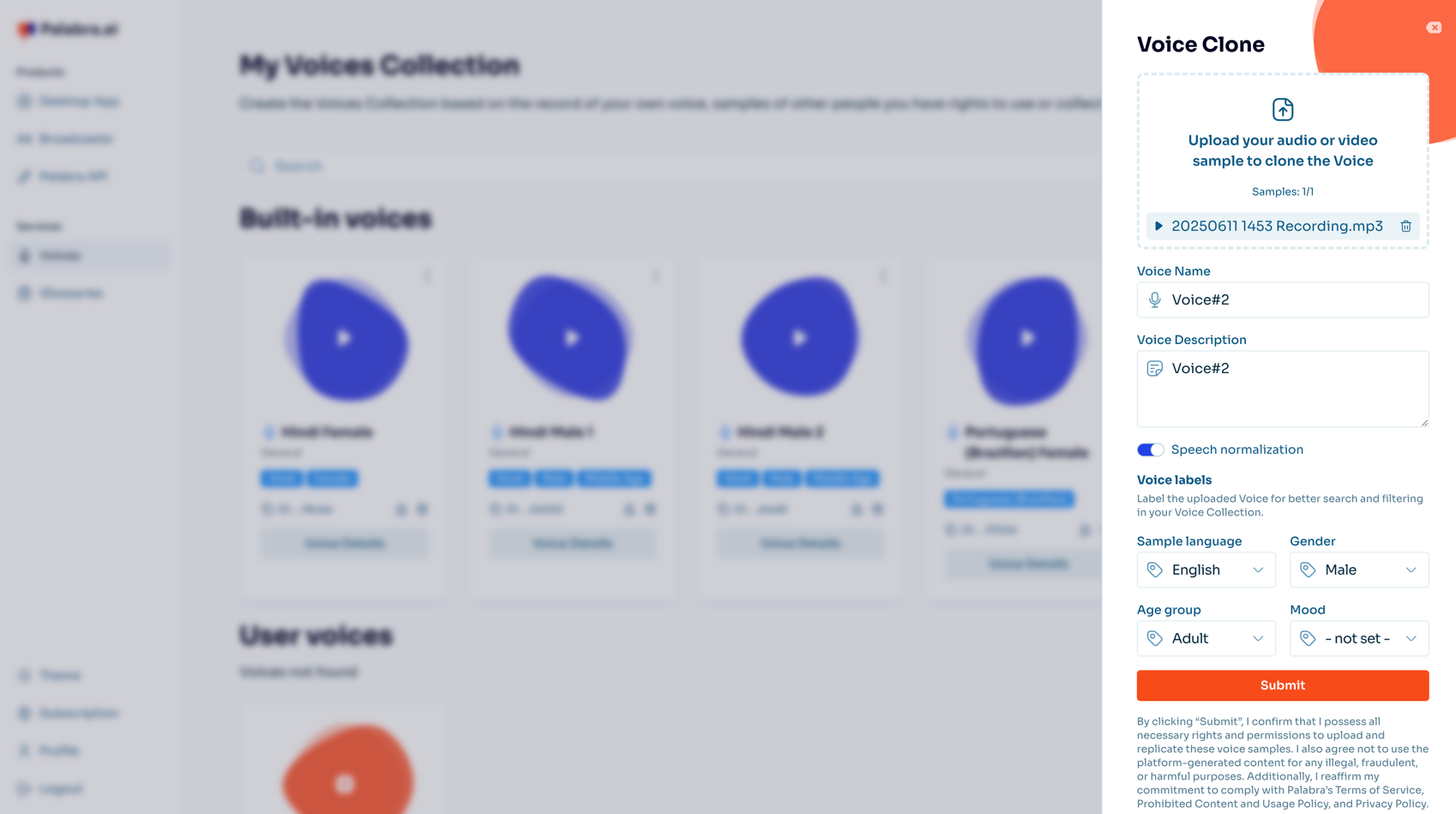 Voice cloning interface Voice cloning interface